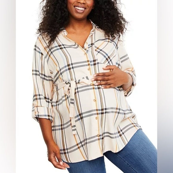 🦋 Motherhood Tan Orange Button Down Plaid Flannel 3/4 Sleeve T-Shirt Medium - Picture 1 of 8